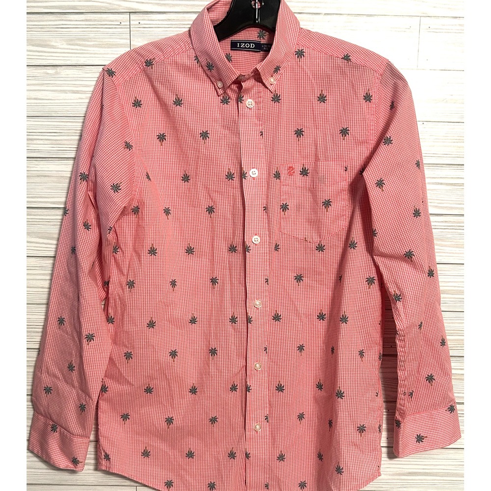 Izod Shirt Boys 14/16 Youth Formal Casual Palm Trees Check Red Formal Dress Boys